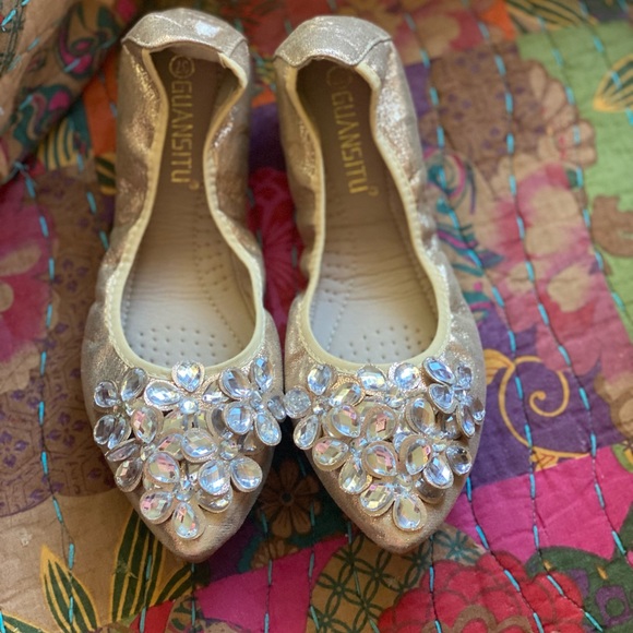 Gold Embellished Women's Flats - Picture 2 of 12